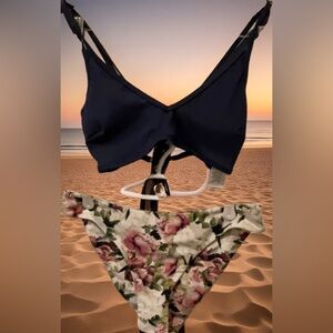 BNWT CUPSHE Women’s MED 2 pc solid top w/floral print bottom bikini